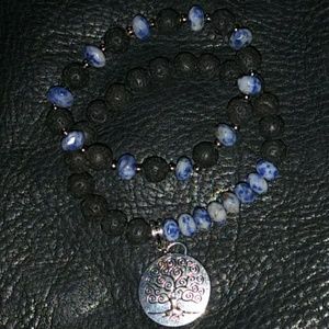 Blue Sodalite Stone & Lava Bead Bracelet Set BONUS